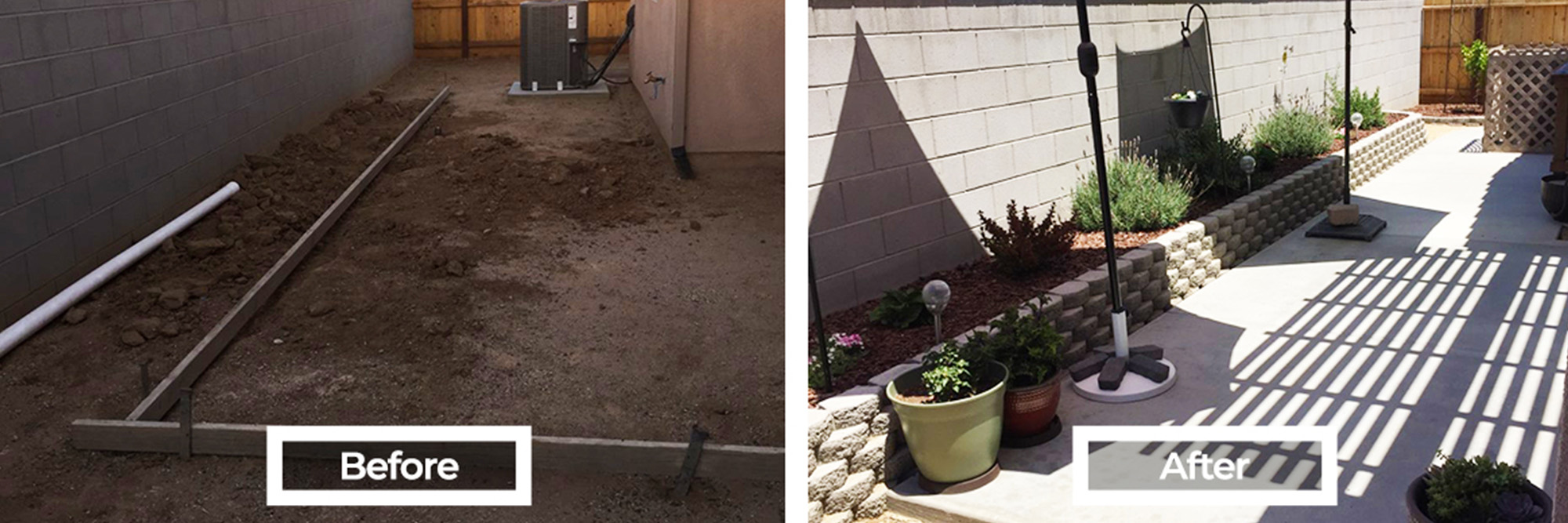 Backyard before had only dirt.  After concrete and a retaining wall, it created a nice living space.