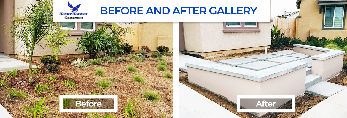 A front yard showing before and after picture.  Before picture shows plants and small trees surrounded by mulch.  After shows concrete pads surrounded by a 2 foot concrete wall.